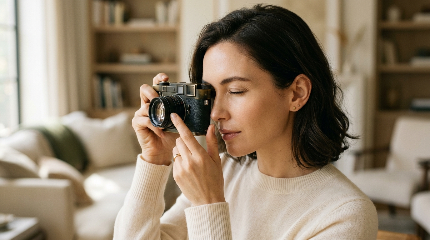Minimalist woman focusing through a vintage camera